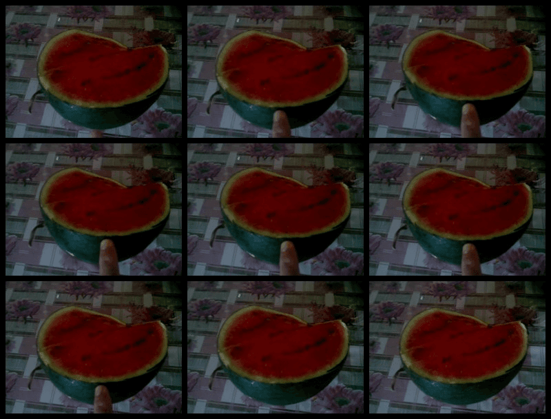 3x3 grid of video frames showing someone poking a watermelon.